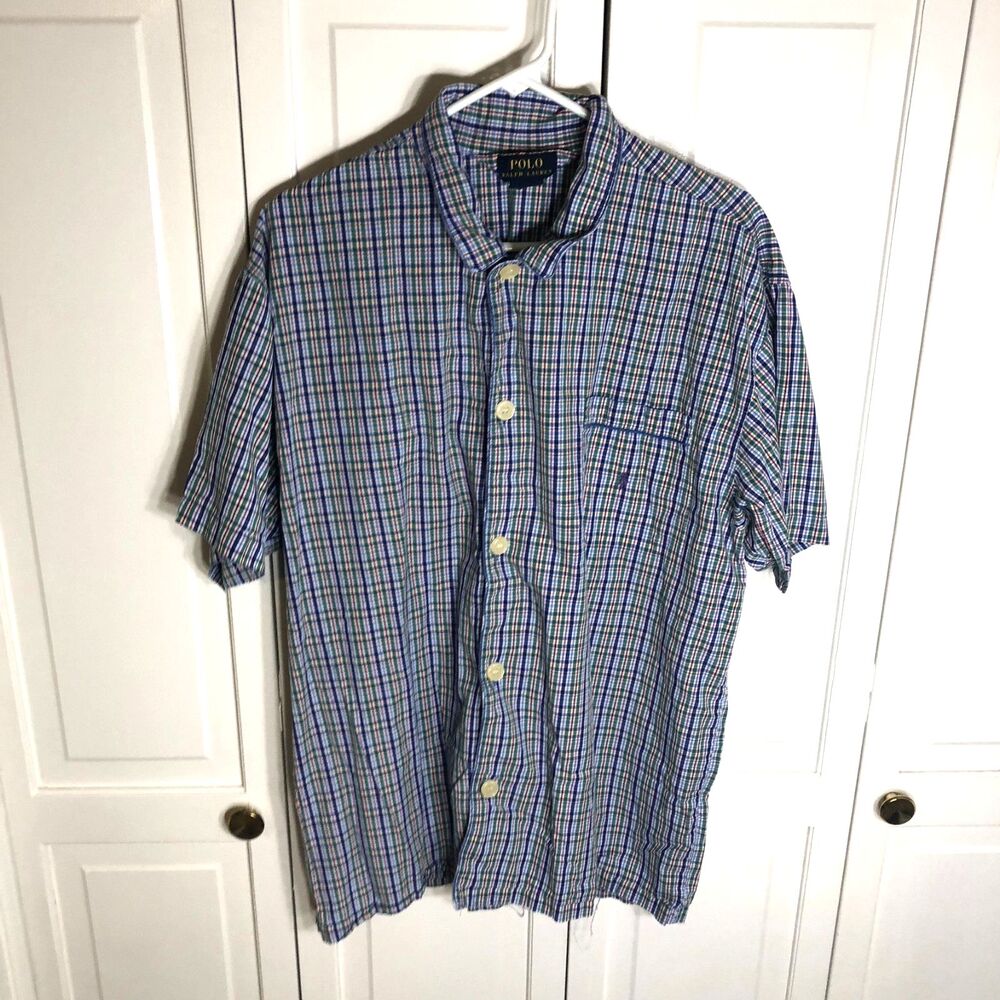 VINTAGE POLO RALPH LAUREN Short Sleeve Plaid Button Down Shirt Men's L Cotton